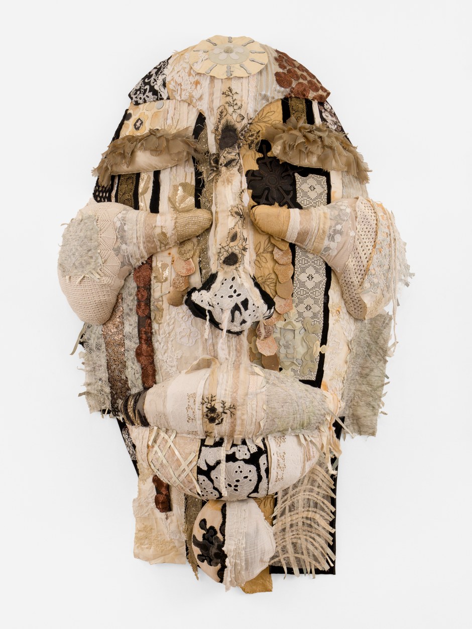 Tau Lewis  Lunar infants and trembling reeds, 2025  Not signed or dated  steel, enamel paint, repurposed leather, suede, and fabric, leather dye, acrylic paint and finisher, copper thread, coated nylon thread  175 x 110 x 36 cm / 68 ⅞ x 43 ¼ x 14 ⅛ in.