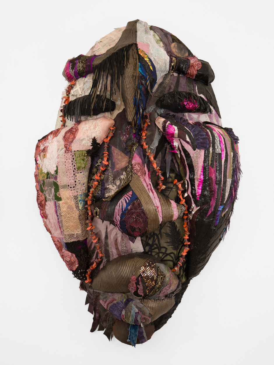 Tau Lewis  Earth remembers!, 2025  Not signed or dated  steel, enamel paint, repurposed leather, suede, and fabric, leather dye, acrylic paint and finisher, assorted beads, coated nylon thread  173 x 110 x 36 cm / 68 ⅛ x 43 ¼ x 14 ⅛ in.
