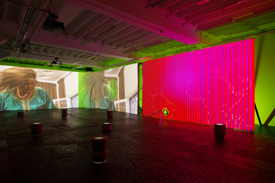 Installation view, Meriem Bennani, Party on the CAPS, Biennale of Moving Image 2018, Geneva, 08 November 2018 - 03 February 2019  © Meriem Bennani. Courtesy the Artist and BIM 2018.  Photo: Mathilda Olmi