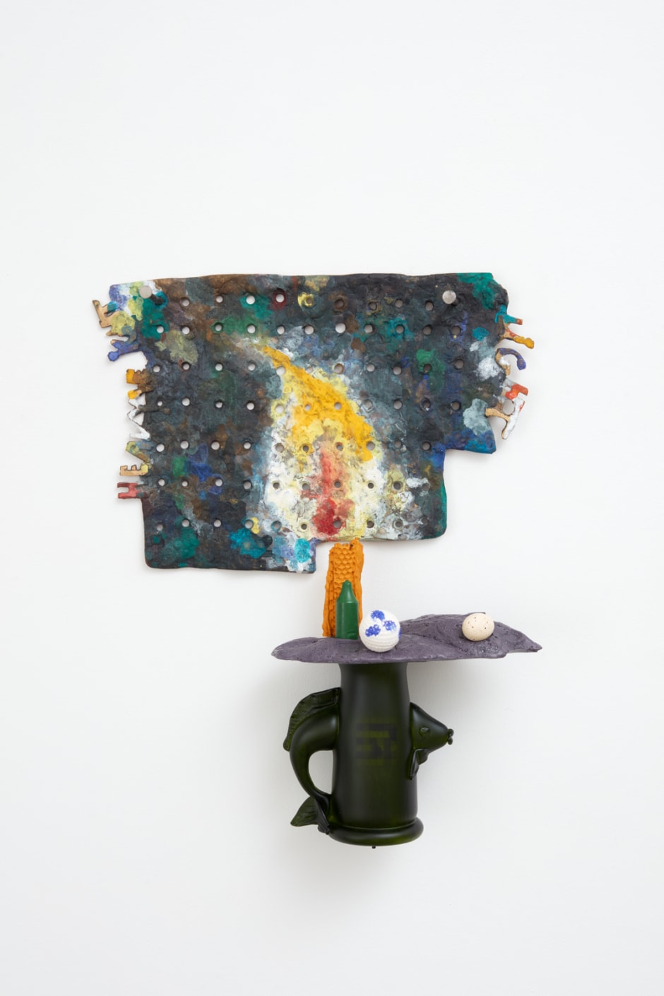 Low Temperature Civics, 2018  resin, Jesmonite, hemp candle wick, patinated bronze, iron, Biro ink, newspaper crossword, powder coated steel  60 x 55 x 30 cm / 23 ⅝ x 21 ⅝ x 11 ¾ in