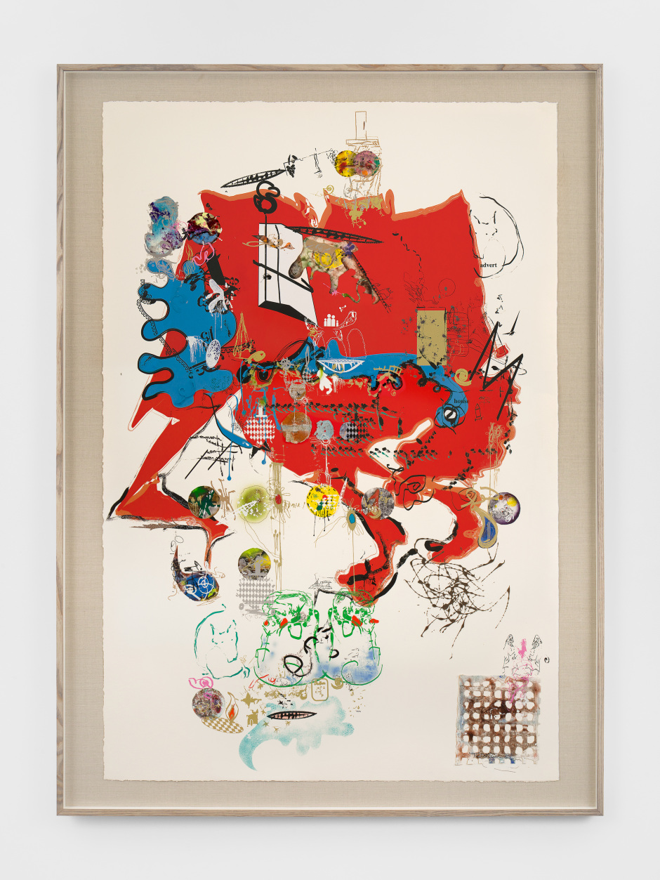 Wednesday Society (pathos formula), 2025  No visible signature (framed)  airbrush ink, acrylic, watercolour, sand, handmade paper, collage on paper; linen; stained lime frame  site size: 148.5 x 99.5 cm / 58 ½ x 39 ⅛ in frame size: 163 x 118.5 x 4.5 cm / 64 ⅛ x 46 ⅝ x 1 ¾ in