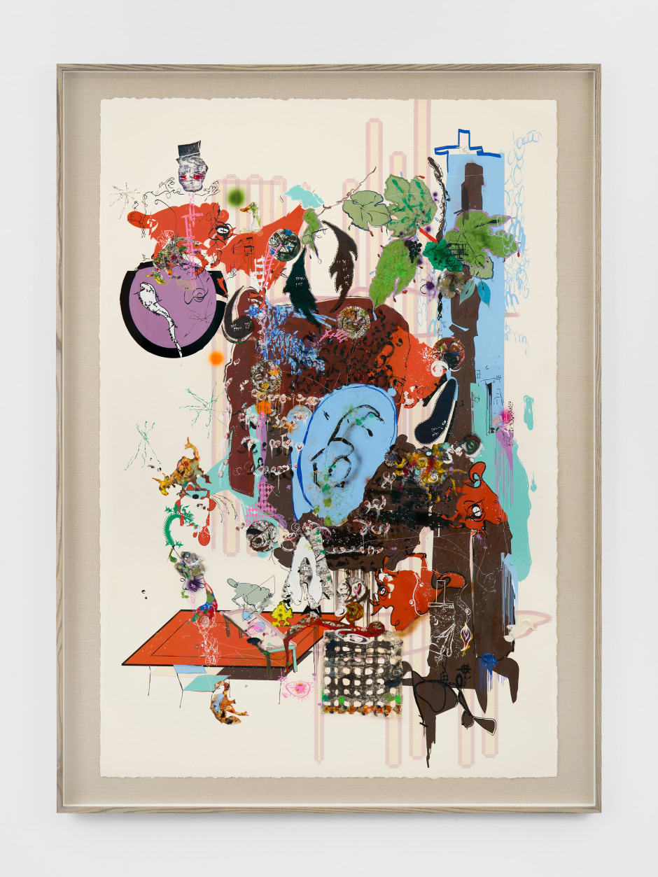 Wednesday Society (in advance of the ear), 2025  airbrush ink, acrylic, enamel paint, watercolour, handmade paper, collage on paper; linen; stained lime frame  site size: 148.5 x 99.5 cm / 58 ½ x 39 ⅛ in frame size: 163 x 118.5 x 4.5 cm / 64 ⅛ x 46 ⅝ x 1 ¾ in