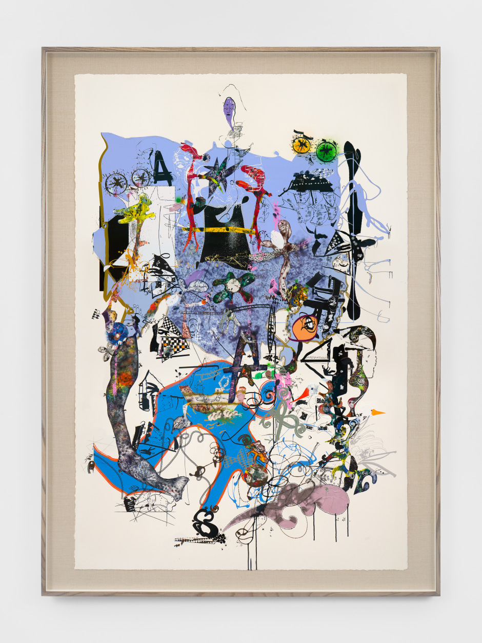 Wednesday Society (phrase tracer) , 2025  airbrush ink, acrylic, enamel paint, watercolour, handmade paper, collage on paper; linen; stained lime frame  site size: 148.5 x 99.5 cm / 58 ½ x 39 ⅛ in frame size: 163 x 118.5 x 4.5 cm / 64 ⅛ x 46 ⅝ x 1 ¾ in
