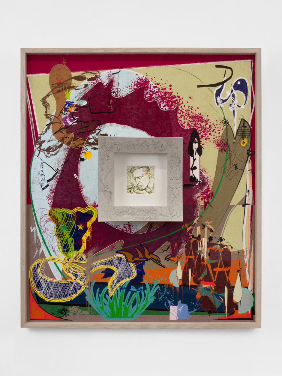 Man  2025  nylon paint on fabric, coloured pencil on paper, hand-drawn sand cast aluminium, Douglas Fir, stained Ash, aluminium, hardware 169.8 x 145.6 x 21.1 cm / 66 ⅞ x 57 ⅜ x 8 ¼ in