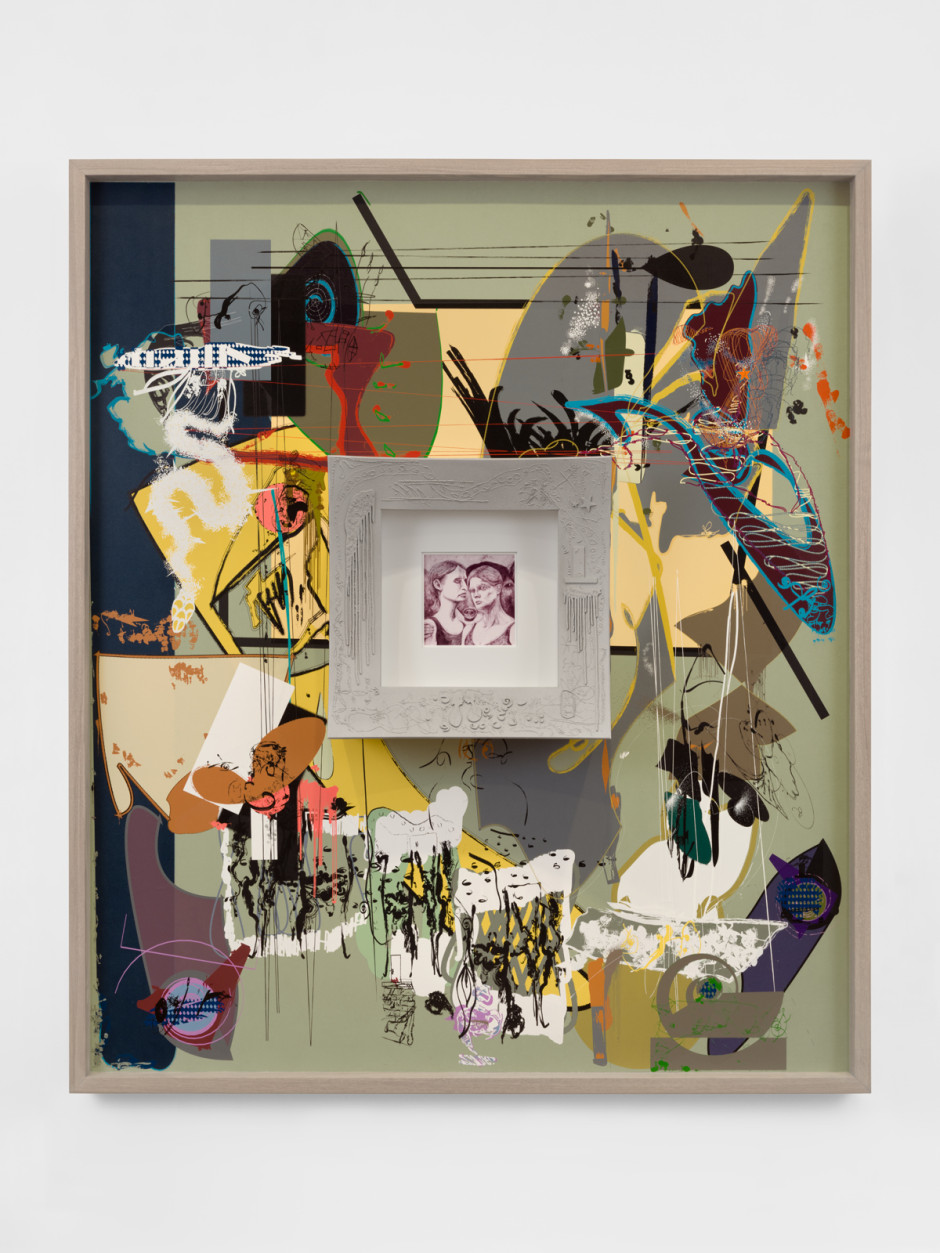 Women  2025  nylon paint on fabric, coloured pencil on paper, hand-drawn sand cast aluminium, Douglas Fir, stained Ash, aluminium, hardware 169.8 x 145.8 x 17.5 cm; 66 ⅞ x 57 ⅜ x 6 ⅞ in