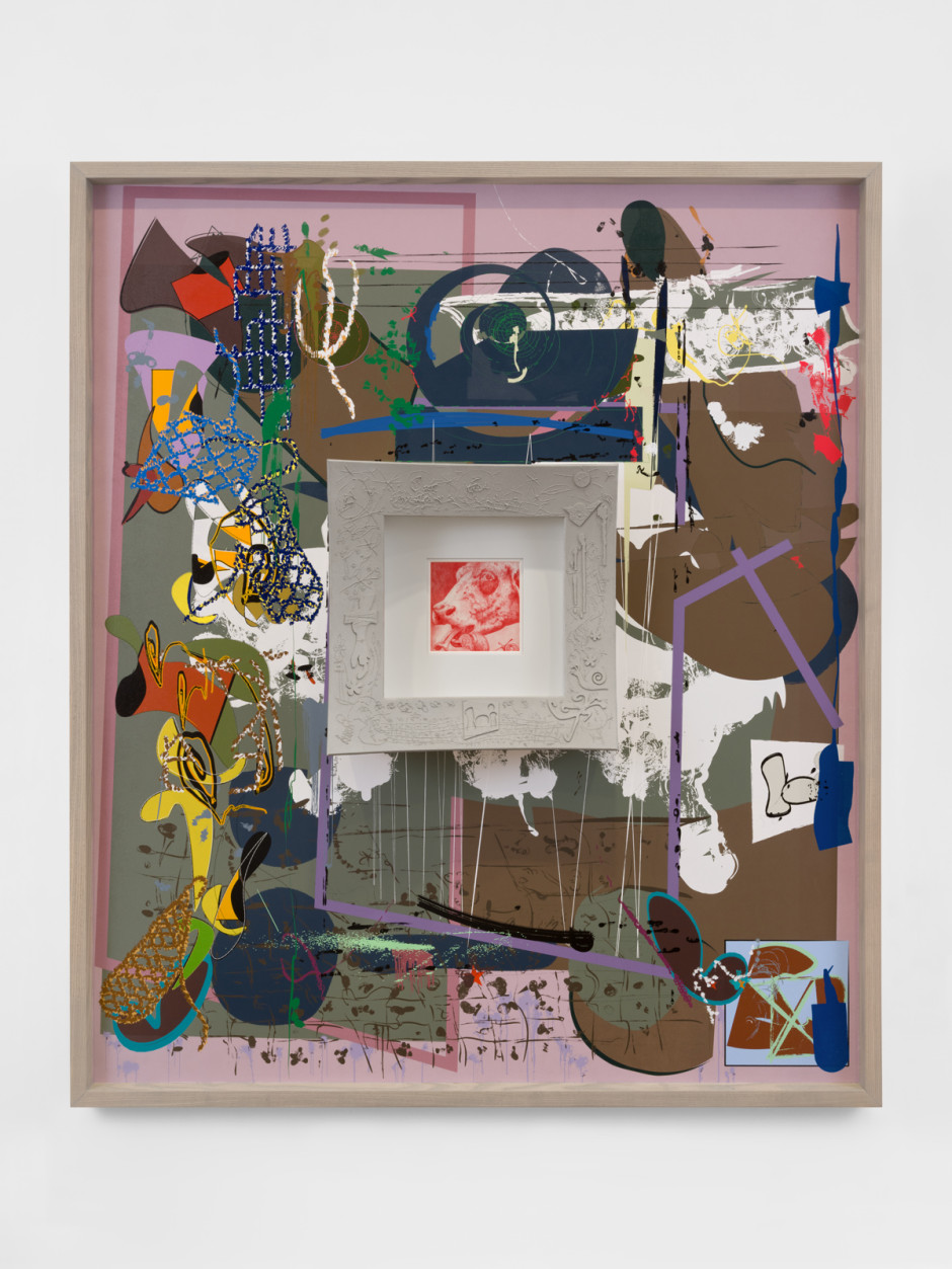 Cow  2025  nylon paint on fabric, coloured pencil on paper, hand-drawn sand cast aluminium, Douglas Fir, stained Ash, aluminium, hardware 169.9 x 145.8 x 21.1 cm / 66 ⅞ x 57 ⅜ x 8 ¼ in