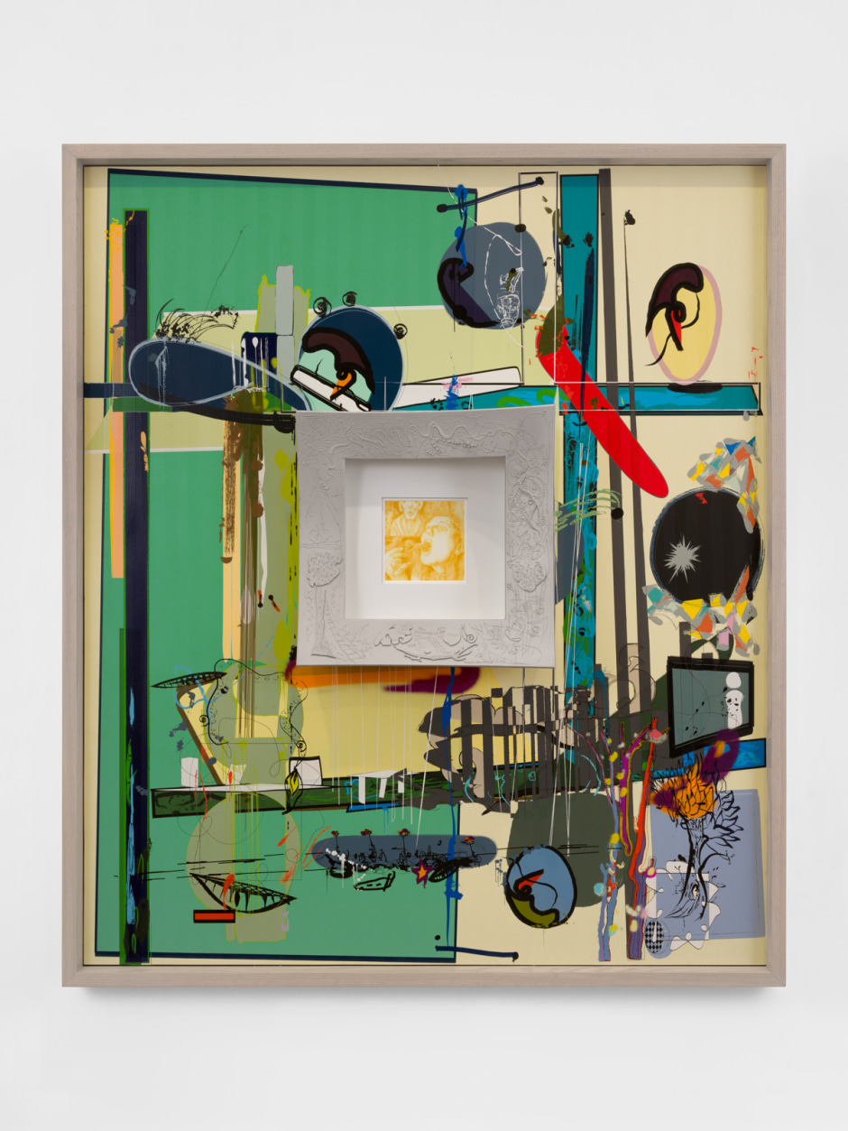 Woman  2025  nylon paint on fabric, coloured pencil on paper, hand-drawn sand cast aluminium, Douglas Fir, stained Ash, aluminium, hardware 169.8 x 145.8 x 21.1 cm / 66 ⅞ x 57 ⅜ x 8 ¼ in