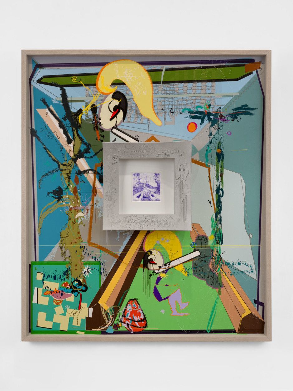 Men  2025  nylon paint on fabric, coloured pencil on paper, hand-drawn sand cast aluminium, Douglas Fir, stained Ash, aluminium, hardware 169.8 x 145.8 x 21.1 cm / 66 ⅞ x 57 ⅜ x 8 ¼ in