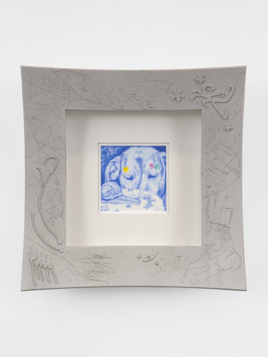 Dog  2025  coloured pencil on paper, hand-drawn sand cast aluminium, Douglas Fir, aluminium, hardware 50 x 50 x 14 cm / 19 ¾ x 19 ¾ x 5 ½ in
