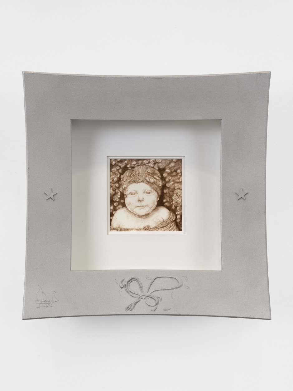 Baby  2025  coloured pencil on paper, hand-drawn sand cast aluminium, Douglas Fir, aluminium, hardware 50 x 50 x 14 cm /19 ¾ x 19 ¾ x 5 ½ in