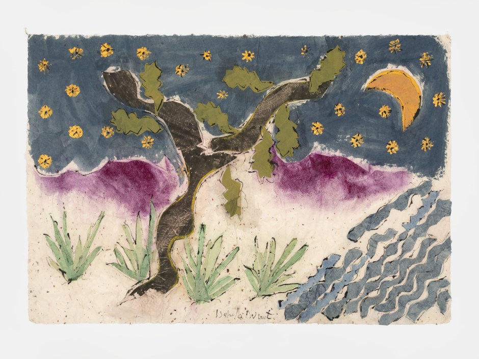 Bella Terra and purple mountain 2023  China ink, pigments and collage on paper  site size: 63 x 92 cm / 24 ¾ x 36 ¼ in frame size: 74 x 104 x 6 cm / 29 ⅛ x 41 x 2 ⅜ in