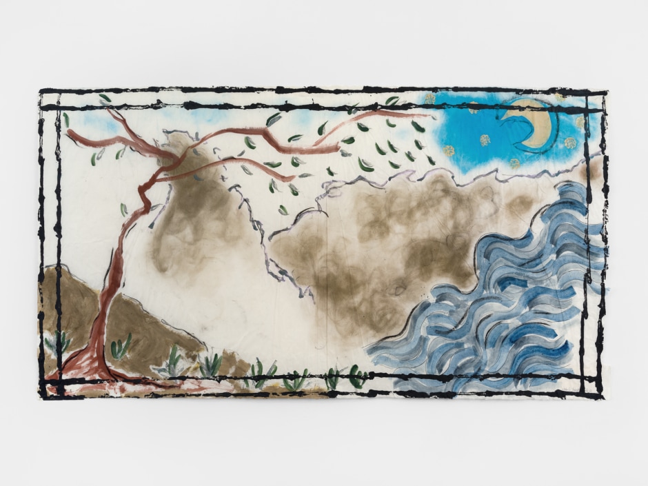 Bella Terra 2021  pigments, pencil, pastel and collage on paper  site size: 77 x 140 cm / 30 ¼ x 55 ⅛ in frame size: 89.5 x 152.3 x 6 cm / 35 ¼ x 60 x 2 ⅜ in