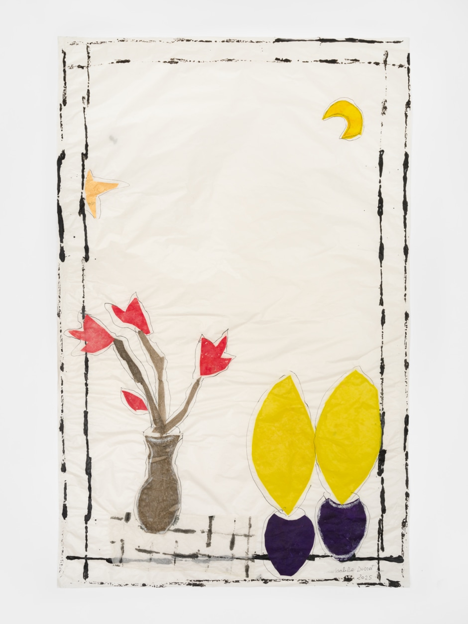 Incongruous XIX 2025  China ink, pigments, textile and collage on Japanese paper  site size: 95 x 61 cm / 37 ⅜ x 24 in frame size: 107 x 72 x 6 cm / 42 ⅛ x 28 ⅜ x 2 ⅜ in