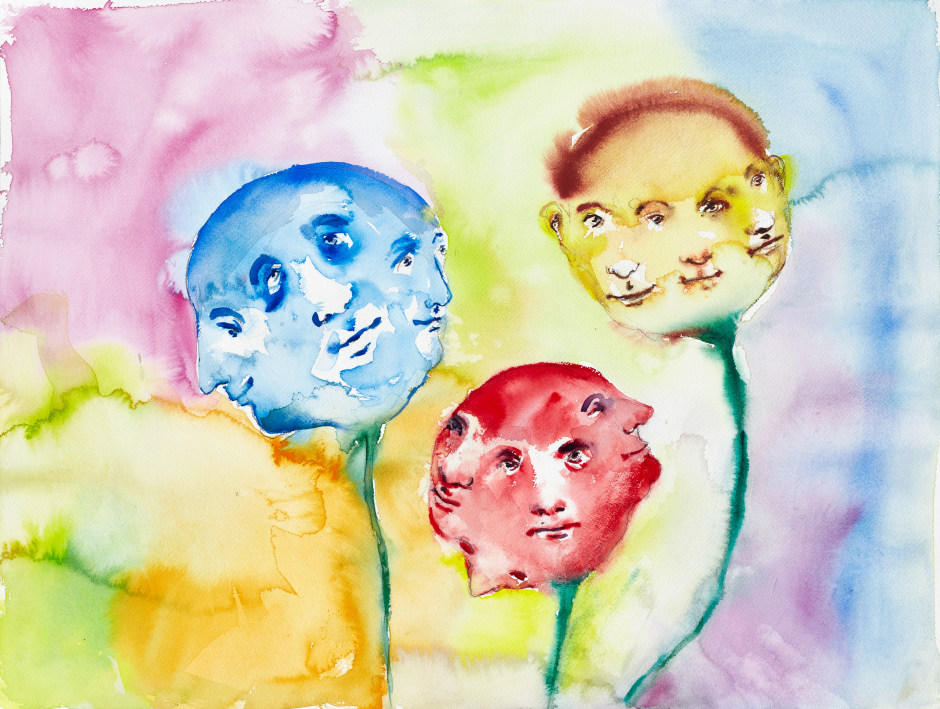 Balloon Heads (blue, red and yellow), 2020  watercolour and pencil on paper  46 × 61 cm  18.1 × 24 in