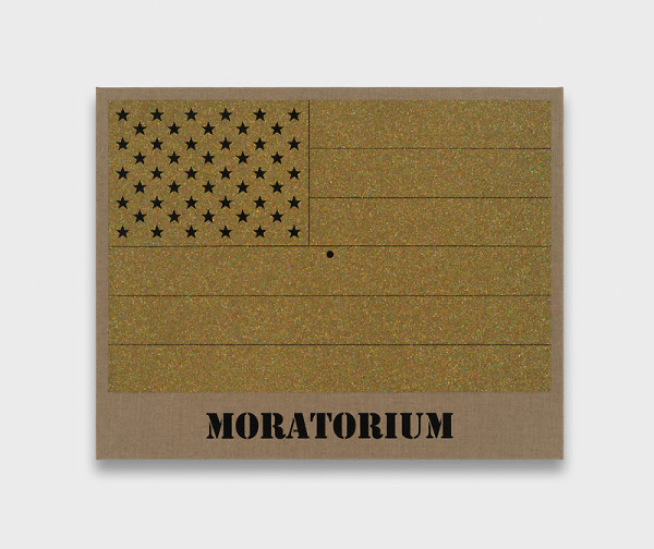 Jonathan Horowitz  Moratorium (Gold Rainbow American Flag for Jasper in the Style of the Artist's Boyfriend), 2017  glitter and enamel on linen  57 x 71.5 x 3.5 cm / 22 ⅜ x 28 ⅛ x 1 ⅜ in  edition 1 of 5 plus 1 artist's proof (#1/5)