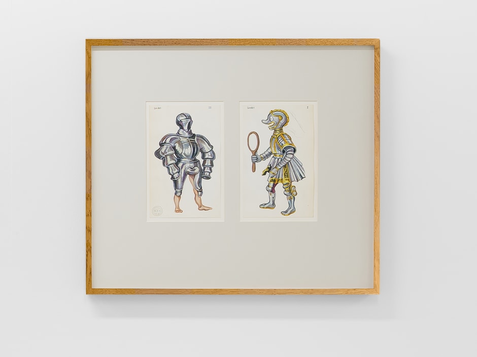 Look I & Look II, 2021  Signed and dated on front  gouache, pencil, typewriter on paper, 2 parts  each site size: 19.8 x 12.5 cm / 7 ¾ x 4 ⅞ in frame size: 45.5 x 52.4 x 3.5 cm / 17 ⅞ x 20 ⅝ x 1 ⅜ in