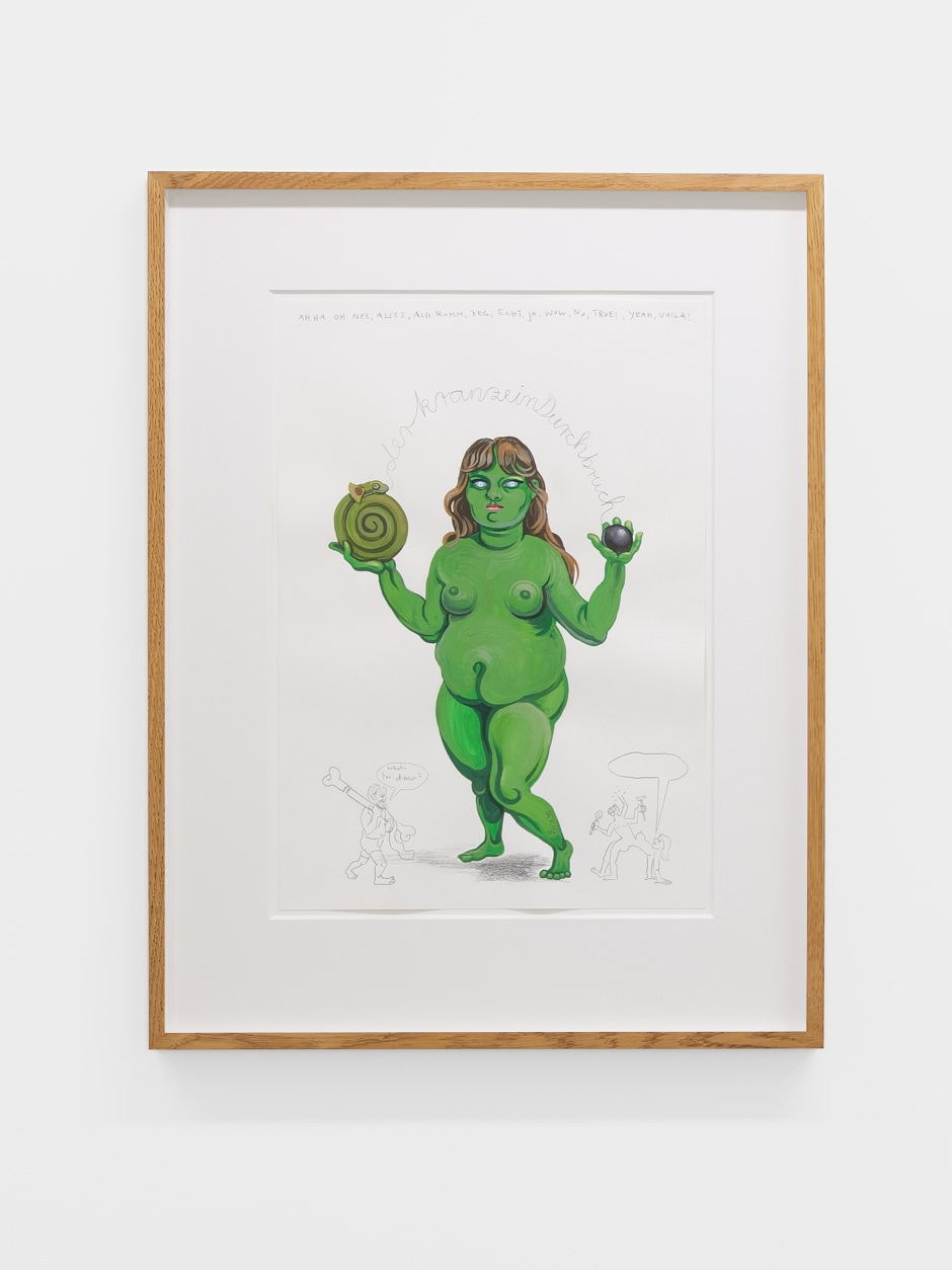 Figur für Prozession (Selbst als Grüne Frau), 2021  Signed and dated on front  gouache and pencil on paper  site size: 42 x 29.8 cm / 16 ½ x 11 ¾ in frame size: 60.5 x 47.1 x 3.5 cm / 23 ⅞ x 18 ½ x 1 ⅜ in