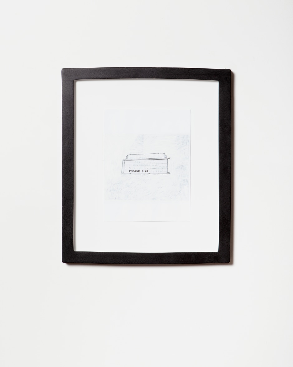 American Speech (Please Live), 2021  inkjet and Wite-Out on paper, cast polyester resin frame, plexiglass, mat-board, coroplast, wooden strainer, hardware  site size: 27.9 x 21.6 cm / 11 x 8 ½ in frame size: 43.2 x 38.1 x 2.5 cm / 17 x 15 x 1 in