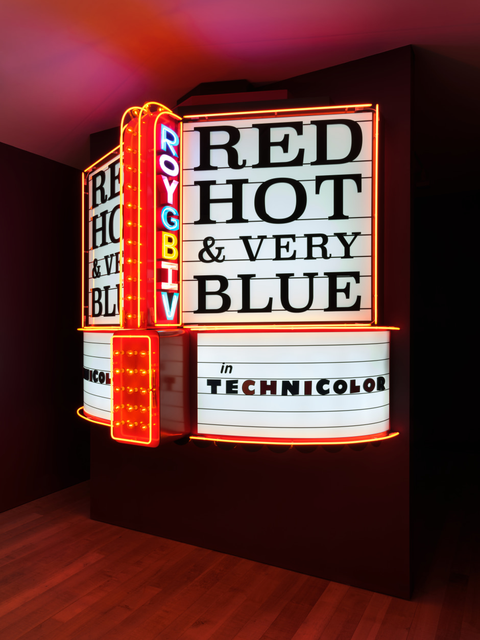 American Speech (Red Hot and Very Blue in Technicolor), 2021  neon, Perspex, powder coated aluminium, LED, festoon lights  280 x 293.5 x 116 cm / 110 ¼ x 115 ½ x 45 ⅝ in
