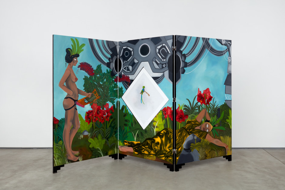 Frieda Toranzo Jaeger  The island of Lesbos, 2021  Not signed  oil on panel and embroidery  three panels, each: 179 x 103 x 3 cm / 70 ½ x 40 ½ x 1 ⅛ in overall: 179 x 309 x 3 cm / 70 ½ x 121 ⅝ x 1 ⅛ in