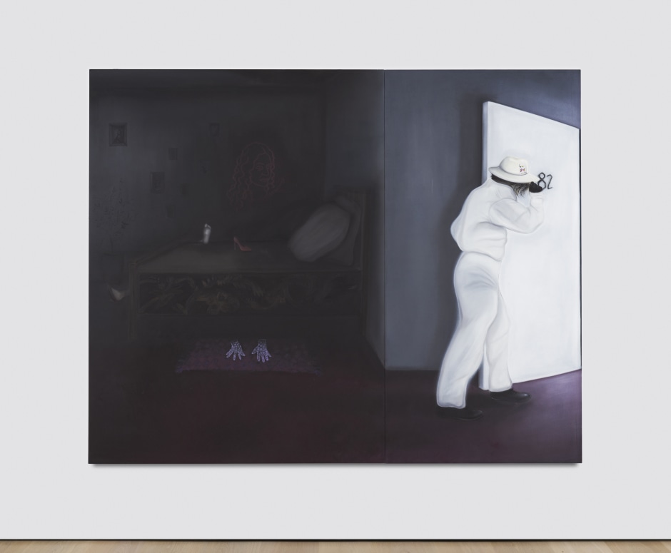 Bang bang (he shot me down), 2020  oil on two different canvas types  Overall: 203.2 x 254 cm / 80 x 100 in Left: 203.2 x 152.4 cm / 80 x 60 in Right: 203.2 x 101.6 cm / 80 x 40 in