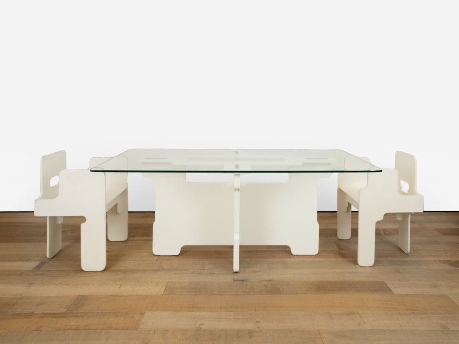 Max Clendinning  Prototype Saturn centre / dining table , 1966  from the Maxima range produced by Race Furniture, London; painted plywood, rubber and glass  70.5 x 183 x 91.5 cm / 27 ¾ x 72 x 36 in  © Max Clendinning, courtesy Sadie Coles HQ, London  Photo: Katie Morrison