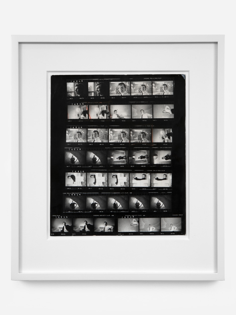 Richard Swayer  Max Clendinning, 1965  vintage black and white contact print  site size: 28.3 x 23.8 cm / 11 ⅛ x 9 ⅜ in frame size: 43 x 37.4 x 3.8 cm / 16 ⅞ x 14 ¾ x 1 ½ in  © Richard Swayer, courtesy Max Clendinning & Ralph Adron and Sadie Coles HQ, London  Photo: Katie Morrison