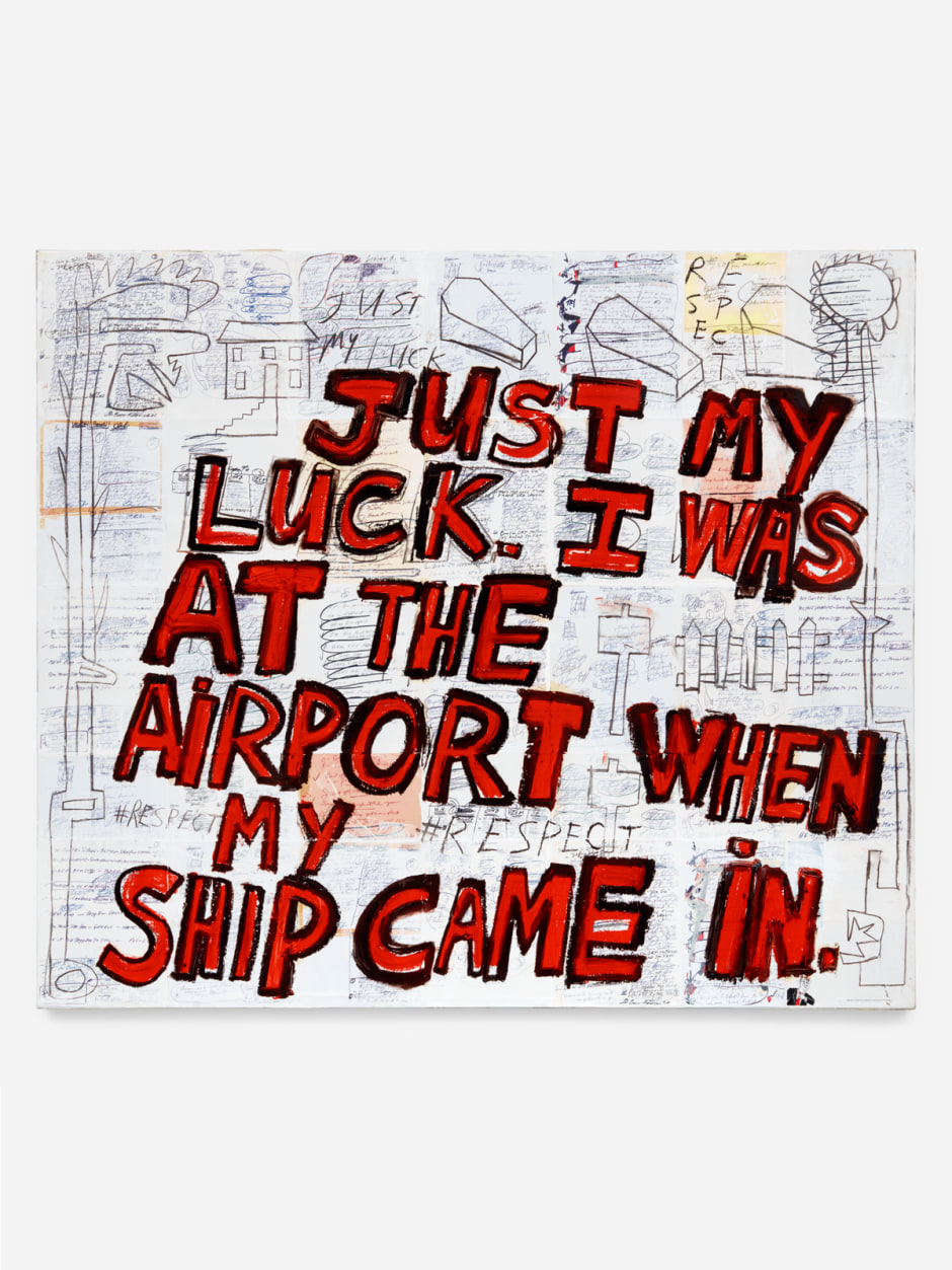 Richard Prince  Just My Luck, 2021  collage, acrylic, oil stick, ink jet, charcoal, paper, canvas  127.2 x 148.2 x 4.3 cm / 50 ⅛ x 58 ⅜ x 1 ¾ in  © Richard Prince, courtesy Sadie Coles HQ, London.  Photo: Katie Morrison