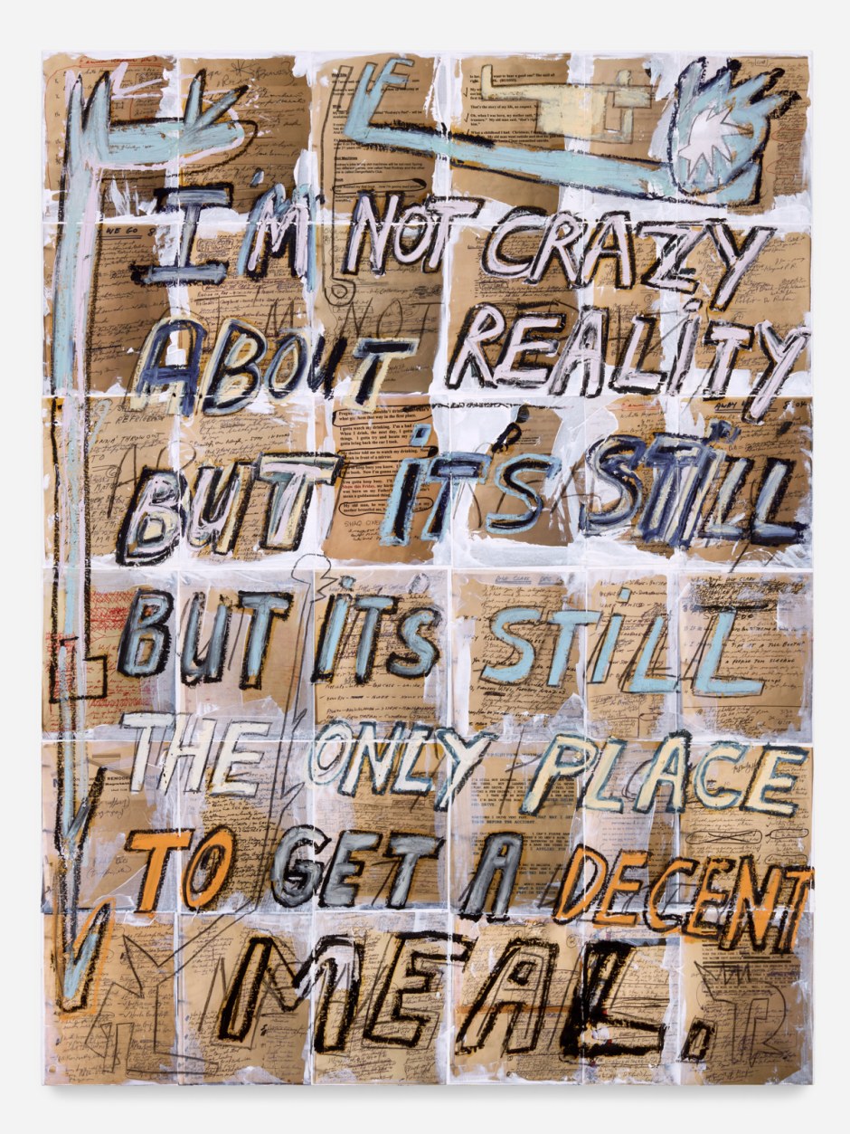 Richard Prince  Just My Luck, 2021  collage, acrylic, oil stick, ink jet, charcoal, canvas  167.3 x 124.1 x 4.3 cm / 65 ⅞ x 48 ⅞ x 1 ¾ in  © Richard Prince, courtesy Sadie Coles HQ, London.  Photo: Katie Morrison