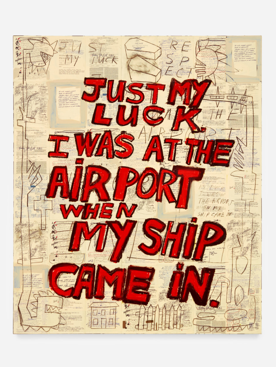 Richard Prince  Just My Luck, 2021  collage, acrylic, oil stick, ink jet, charcoal, paper, canvas  181.6 x 149.9 x 4.5 cm / 71 ½ x 59 x 1 ¾ in  © Richard Prince, courtesy Sadie Coles HQ, London.  Photo: Katie Morrison