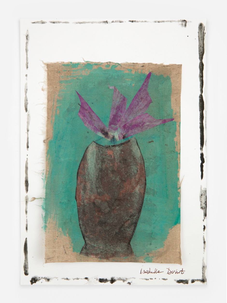Isabella Ducrot  Purple Flowers, 2022  pencil, pigments and collage on Chinese paper  site size: 30 x 22 cm / 11 ¾ x 8 ⅝ in frame size: 39 x 30.3 x 2.7 cm / 15 ⅜ x 11 ⅞ x 1 in  © Isabella Ducrot, courtesy Sadie Coles HQ, London.  Photo: Katie Morrison