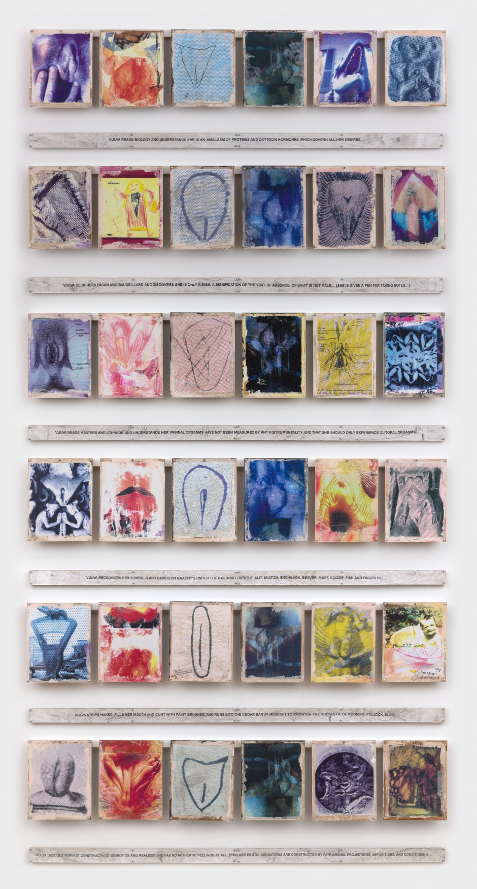 Carolee Schneemann  Vulva's Morphia, 1995  mounted 36 panel photo grid with hand painting, text inserts on wood, and fans  Overall size: 243.8 x 178.5 x 13.2 cm / 96 x 70 ¼ x 5 ¼ in  © Courtesy of the Carolee Schneemann Foundation, Hales Gallery, and P·P·O·W, New York  Photo: JSP ART PHOTOGRAPHY