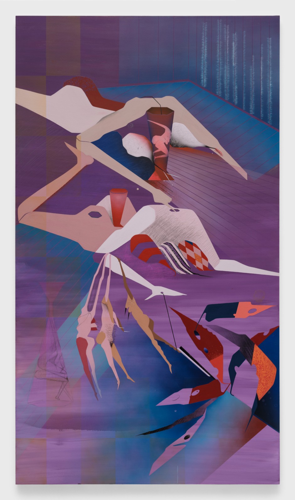 Maryam Hoseini  Positioner No.V (Blind Dreamer), 2023  acrylic, oil, ink, and pencil on wood panel  198.2 x 111.8 x 3.8 cm / 78 x 44 x 1 ½ in  © Maryam Hoseini, Courtesy of the artist and Deborah Schamoni  Photo: Sebastian Bach