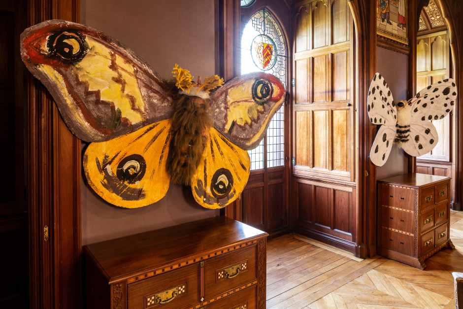 Installation view, Monster Chetwynd: Moths, Mount Stuart, Isle of Bute, 10 June - 20 August 2023  © Monster Chetwynd, courtesy Mount Stuart Trust, Isle of Bute, and Sadie Coles HQ, London  Photo: Keith Hunter