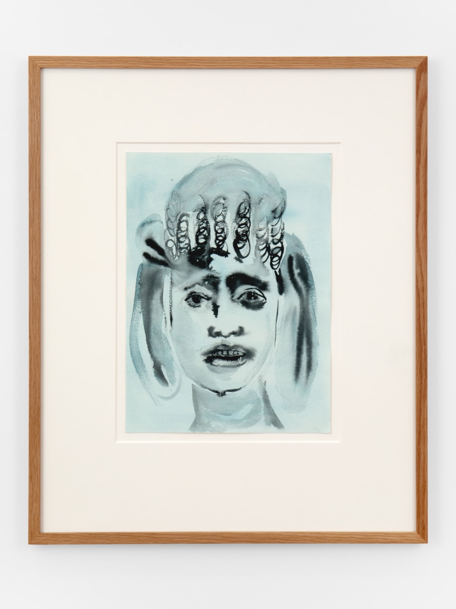 Paloma Varga Weisz  Cyan head, 2023  watercolour and pencil on paper  site size: 36 x 26 cm / 14 ⅛ x 10 ¼ in. frame size: 62 x 50 x 2.5 cm / 24 ⅜ x 19 ¾ x 1 in.  © Paloma Varga Weisz, courtesy Sadie Coles HQ, London  Photo: Katie Morrison