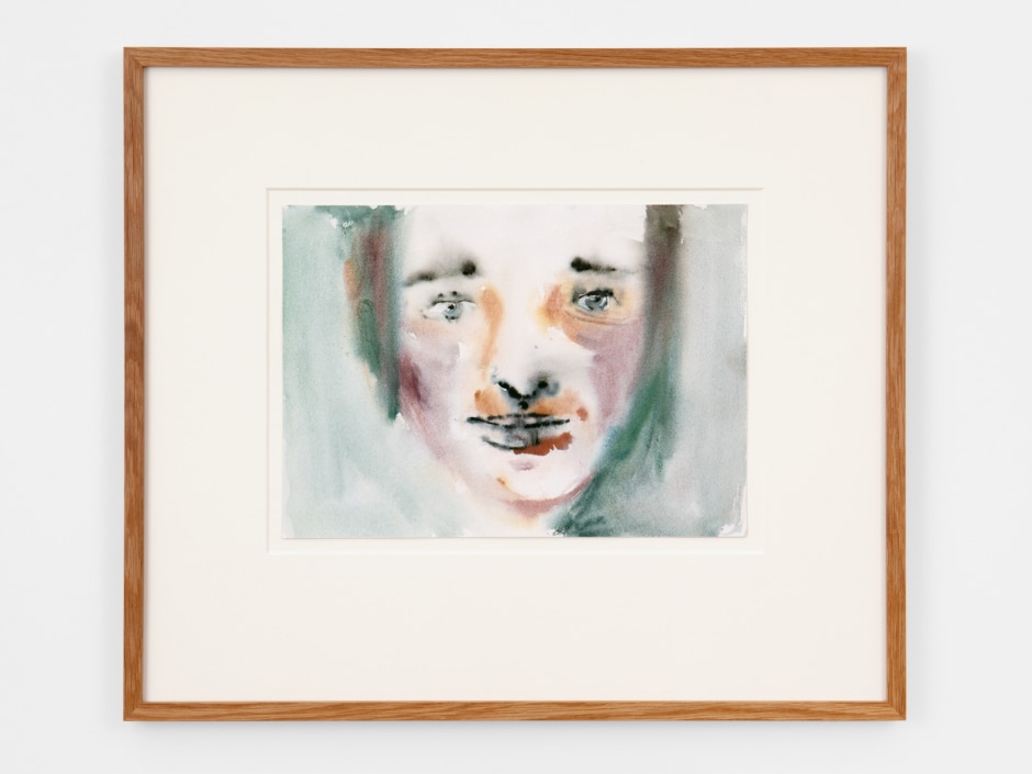 Paloma Varga Weisz  Face, faded, 2023  watercolour on paper  site size:26 x 36 cm / 10 1/4 x 14 1/8 in. frame size: 52 x 60 x 2.5 cm / 20 1/2 x 23 5/8 x 1 in.  © Paloma Varga Weisz, courtesy Sadie Coles HQ, London  Photo: Katie Morrison