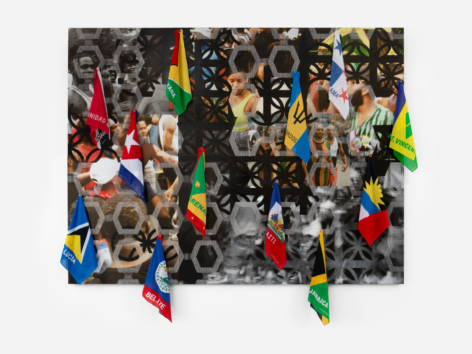 Paul Anthony Smith  Caricom 2, 2022-2023  unique picotage on inkjet print, museum board, dibond, acrylic paint, eye Hooks, flags  266 x 203 x 7 cm / 104 ¾ x 79 ⅞ x 2 ¾ in  © Paul Anthony Smith, courtesy the artist and Jack Shainman Gallery, New York  Photo: Katie Morrison