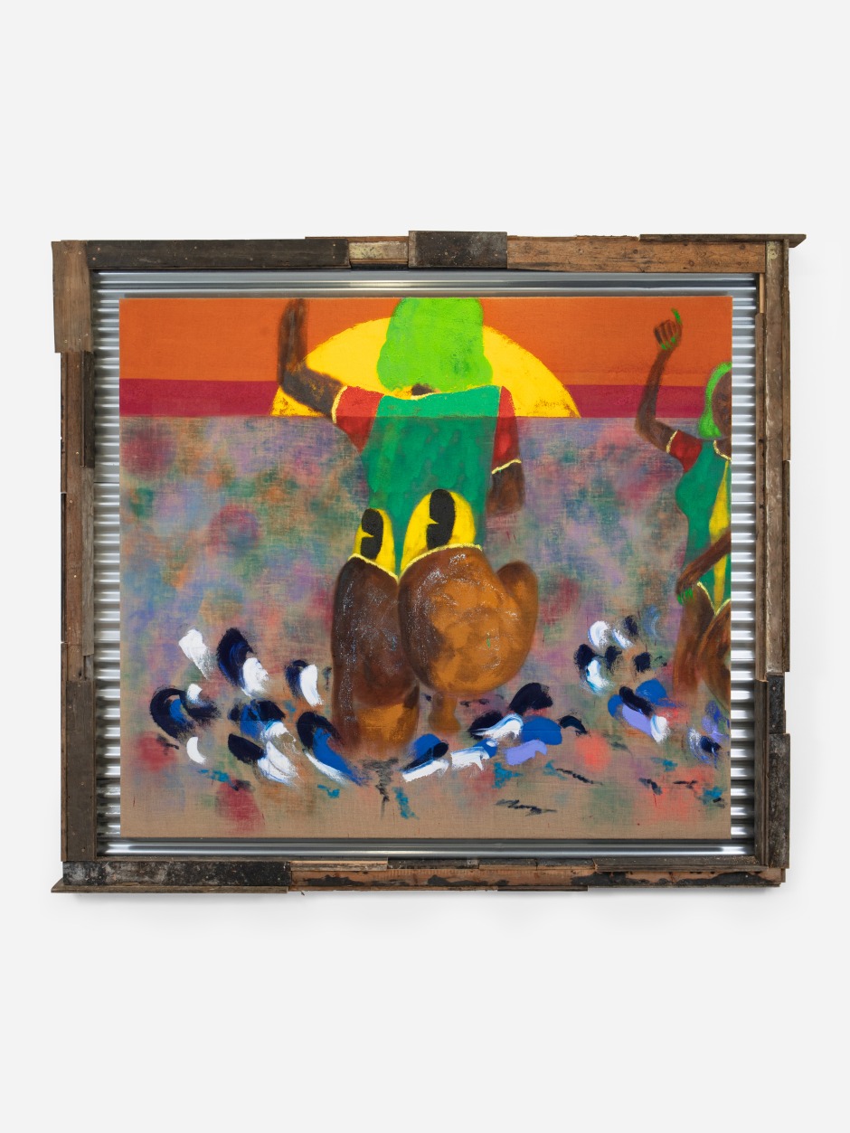 Alvaro Barrington  Wet Fete, Bathers, with Myself, 2023, 2023  oil, acrylic, flashe and enamel paint on burlap in corrugated steel and reclaimed wood frame  254 x 294 x 14 cm / 100 x 115 ¾ x 5 ½ in  © Alvaro Barrington, courtesy Sadie Coles HQ, London  Photo: Katie Morrison