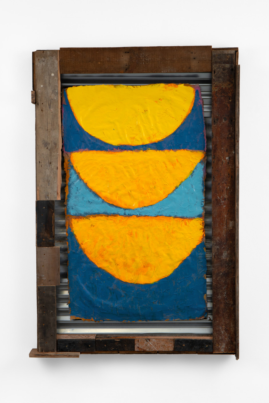 Alvaro Barrington  Simple Life, Sunset Three Days, 2023, 2023  oil and acrylic on paper in corrugated steel and reclaimed wood frame  183 x 122 x 15 cm / 72 x 48 x 5 ⅞ in  © Alvaro Barrington, courtesy Sadie Coles HQ, London  Photo: Katie Morrison