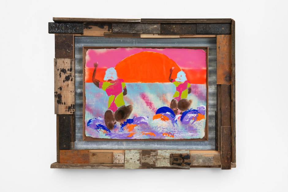 Alvaro Barrington  Bathers, Wet Fete, Cause of Me, A, 2023, 2023  oil, acrylic, flashe and enamel on paper in walnut, corrugated steel and reclaimed wood frame  97 x 120.5 x 19 cm / 38 ¼ x 47 ½ x 7 ½ in  © Alvaro Barrington, courtesy Sadie Coles HQ, London  Photo: Katie Morrison