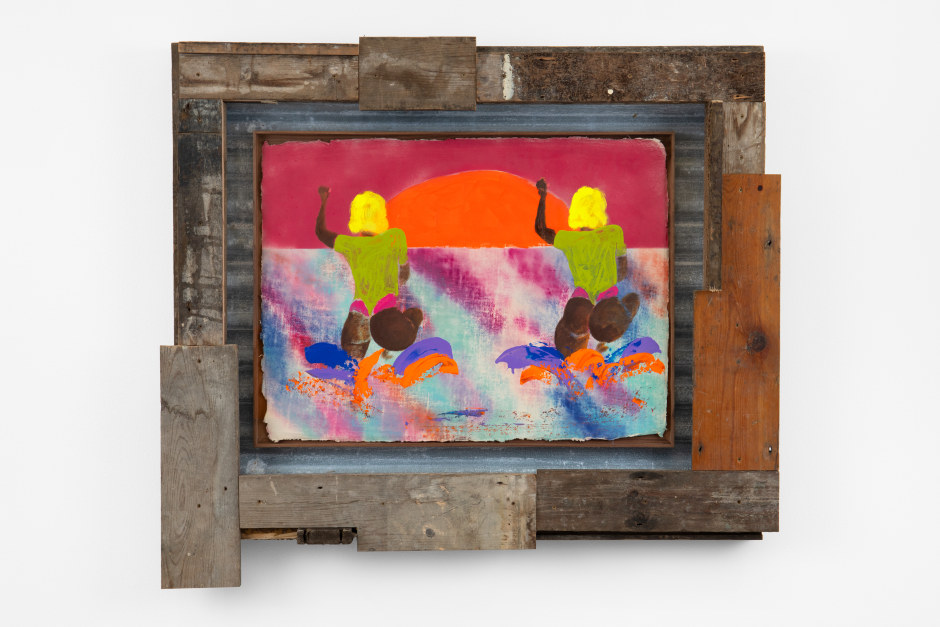 Alvaro Barrington  Bathers, Wet Fete, Cause of Me, C, 2023, 2023  oil, acrylic, flashe and enamel on paper in walnut, corrugated steel and reclaimed wood frame  105 x 121 x 12 cm / 41 ⅜ x 47 ⅝ x 4 ¾ in  © Alvaro Barrington, courtesy Sadie Coles HQ, London  Photo: Katie Morrison