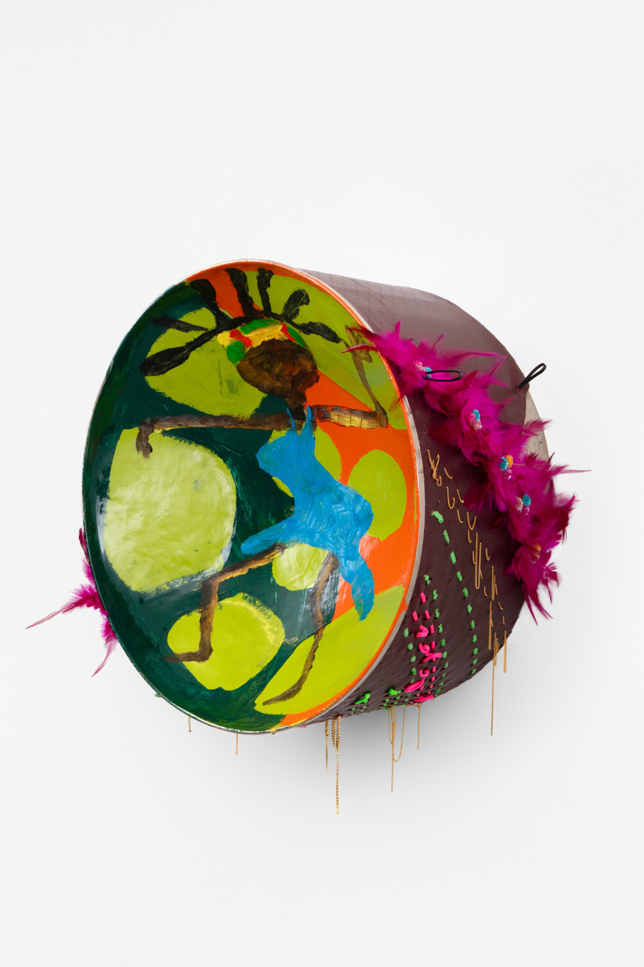 Alvaro Barrington  We Be Jammin, E, 2023, 2023  oil, acrylic, vinyl paint, Bottega Veneta leather, feathers, various fabrics on steelpan  58 x 58 x 27.5 cm / 22 ⅞ x 22 ⅞ x 10 ⅞ in  © Alvaro Barrington, courtesy Sadie Coles HQ, London  Photo: Katie Morrison