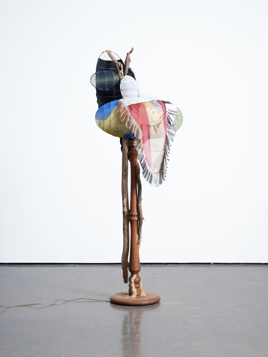 Jessi Reaves  Fix anything by routine, 2023  wood, metal, fabric, sawdust, wood-glue, lamp wiring  180.3 x 66 x 35.6 cm / 71 x 26 x 14 in  © Jessi Reaves. Courtesy the Artist and Herald St., London.  Photo: Jackson White