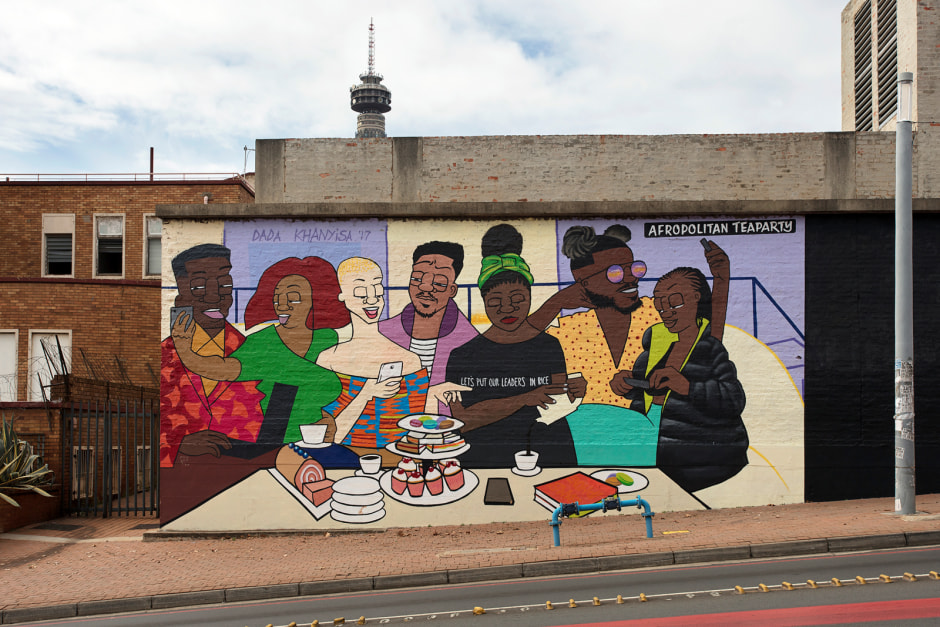 Afropolitan Teaparty, 2017  Acrylic on wall  Approx: 5.5 x 11.5m  Constitution Hill, Johannesburg