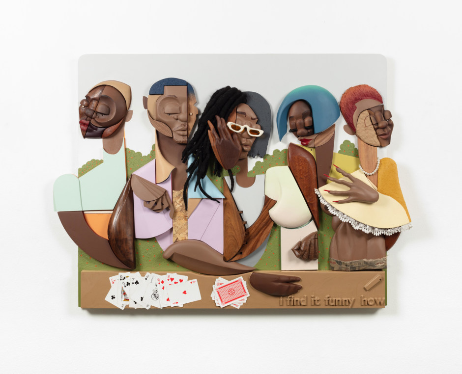 ‘Ever been to a Kirsty picnic on an overcast Sunday?’, 2023  mixed media on wood  102 x 140 x 15 cm / 40 ⅛ x 55 ⅛ x 5 ⅞ in