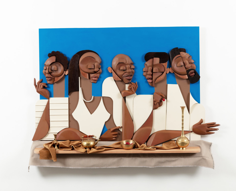 Pantone tea party edition, 2023  oil and found objects on wood (jelutong, black wenge, African  mahogany, MDF, fabric and sourced brass items)  106 x 149 x 23 cm / 41 ¾ x 58 ⅝ x 9 in