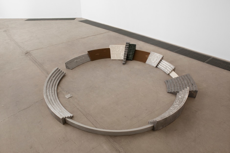 The doubtful site (engulfing and radiating shapes, 2018  Aluminium, resin, sand  350 x 350 x 40cm