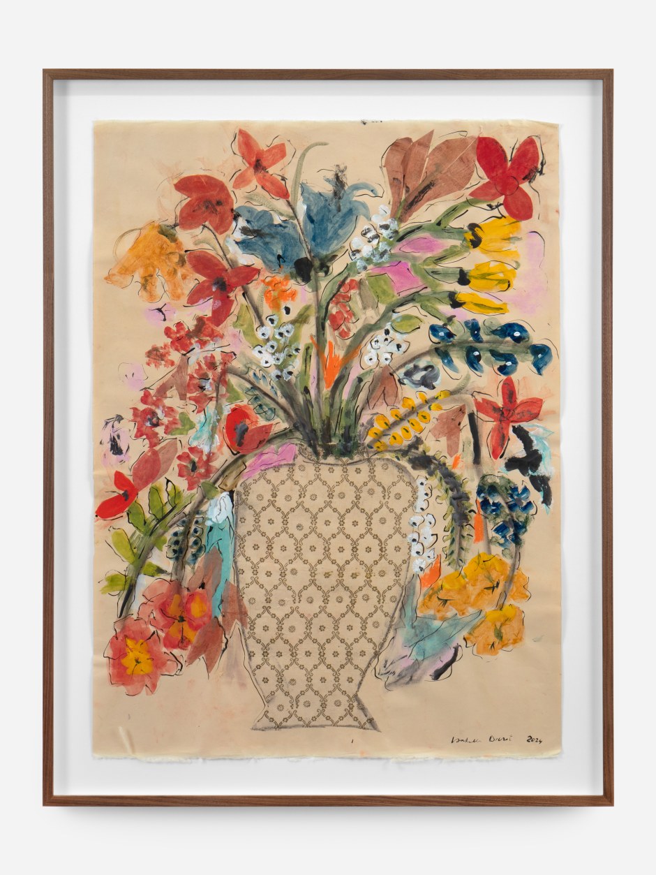 Isabella Ducrot  Gold Pot II, 2024  pigments, pastel, China ink and textile on paper  site size: 96.2 x 70.3 cm / 37 ⅞ x 27 ⅝ in framed: 110.9 x 86 x 4.5 cm / 43 ⅝ x 33 ⅞ x 1 ¾ in