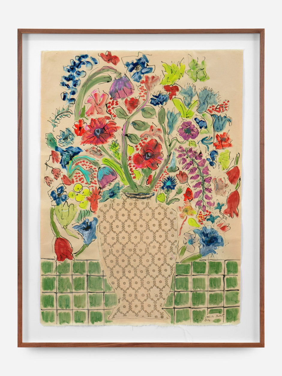 Isabella Ducrot  Gold Pot I, 2024  pigments, pastel, China ink and textile on paper  site size: 96.5 x 70.4 cm / 38 x 27 ¾ in framed: 111 x 85.9 x 4.5 cm / 43 ¾ x 33 ⅞ x 1 ¾ in