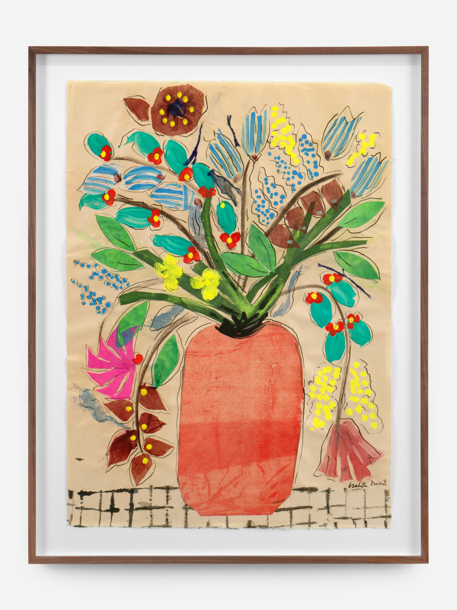 Isabella Ducrot  Red Pot on grill I, 2024  pigments, pastel, China ink, textile and collage on paper  site size: 96.2 x 70 cm / 37 ⅞ x 27 ½ in framed: 111 x 86 x 4.5 cm / 43 ¾ x 33 ⅞ x 1 ¾ in